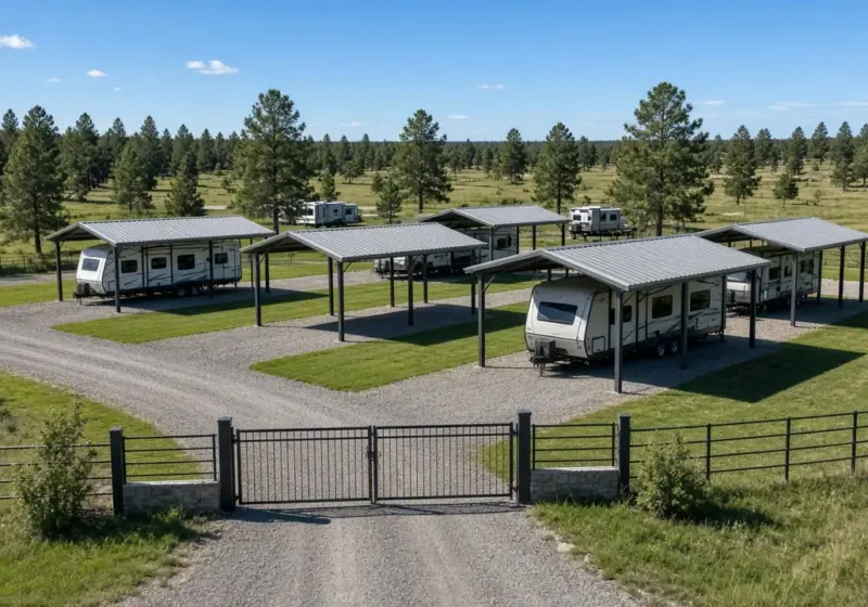 A small gated RV park with covered sites under a clear blue sky