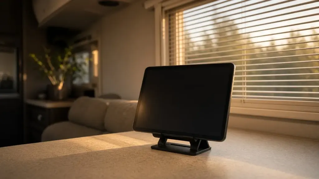 A tablet propped on an RV table ready for a video call, screen dark
