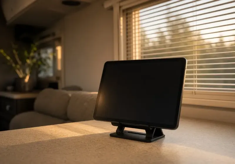 A tablet propped on an RV table ready for a video call, screen dark