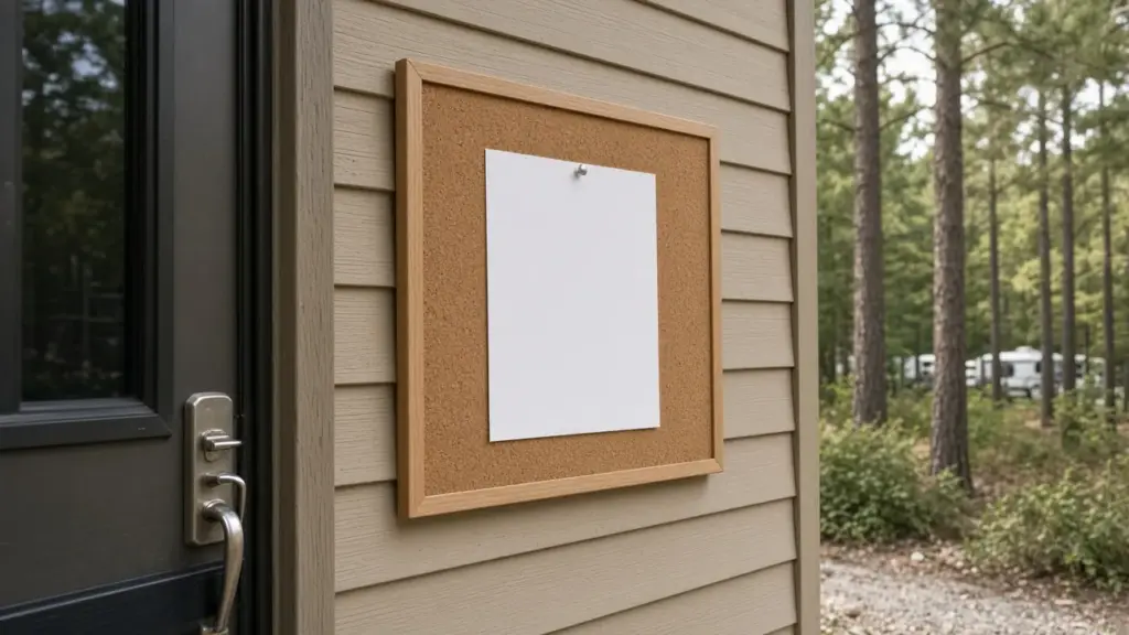 A bulletin board with a blank notice pinned beside an RV park laundry room
