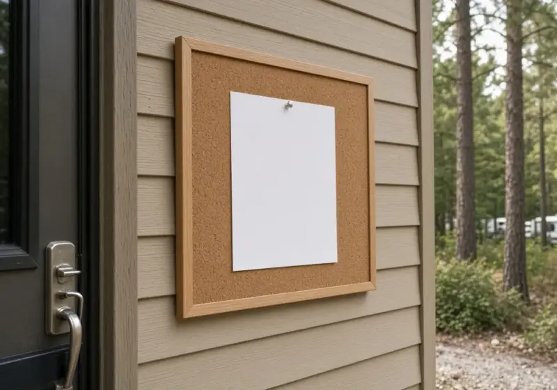 A bulletin board with a blank notice pinned beside an RV park laundry room