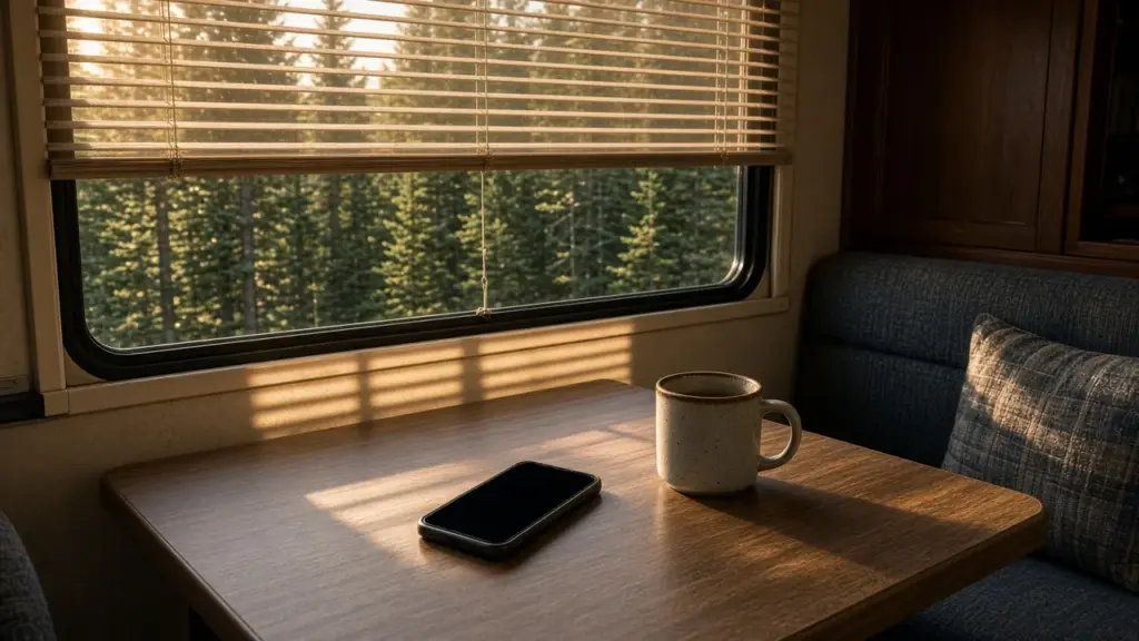 A smartphone face up with a dark screen on an RV table