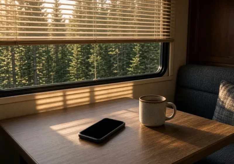 A smartphone face up with a dark screen on an RV table