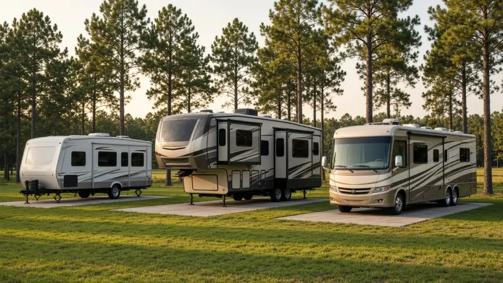 A travel trailer, a fifth wheel, and a class A motorhome parked in a row on concrete pads