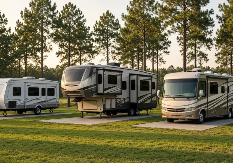 A travel trailer, a fifth wheel, and a class A motorhome parked in a row on concrete pads
