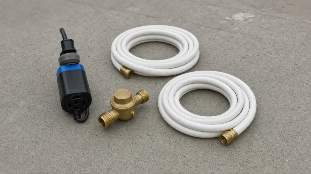 Hookup gear laid out on a concrete pad including a surge protector, hoses, and a pressure regulator