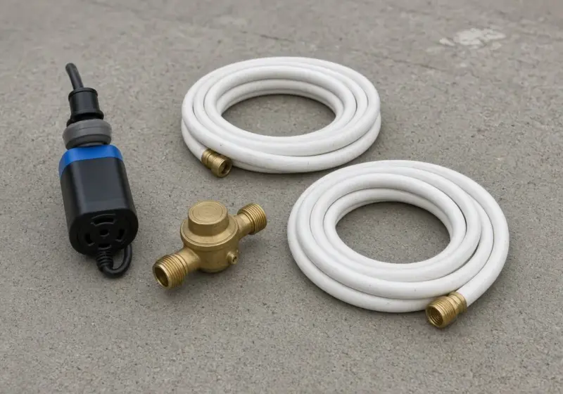 Hookup gear laid out on a concrete pad including a surge protector, hoses, and a pressure regulator