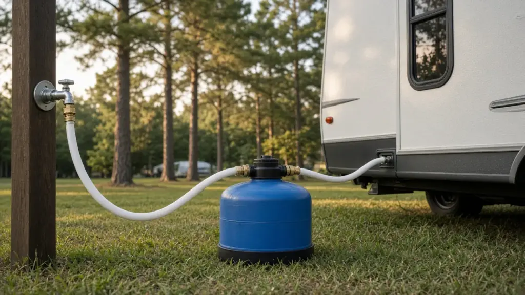 A portable water softener tank connected to an RV hose