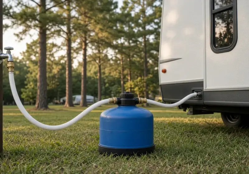 A portable water softener tank connected to an RV hose