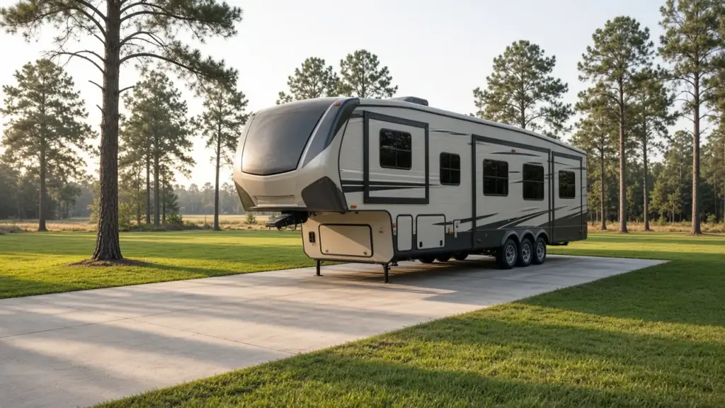A clean late-model fifth wheel RV parked on a concrete pad with its exterior in good condition
