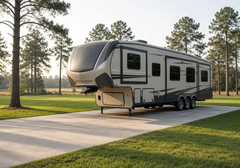 A clean late-model fifth wheel RV parked on a concrete pad with its exterior in good condition
