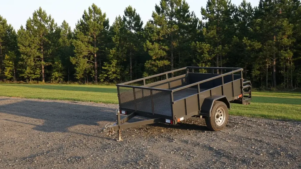 A utility trailer parked at the edge of a gravel lot