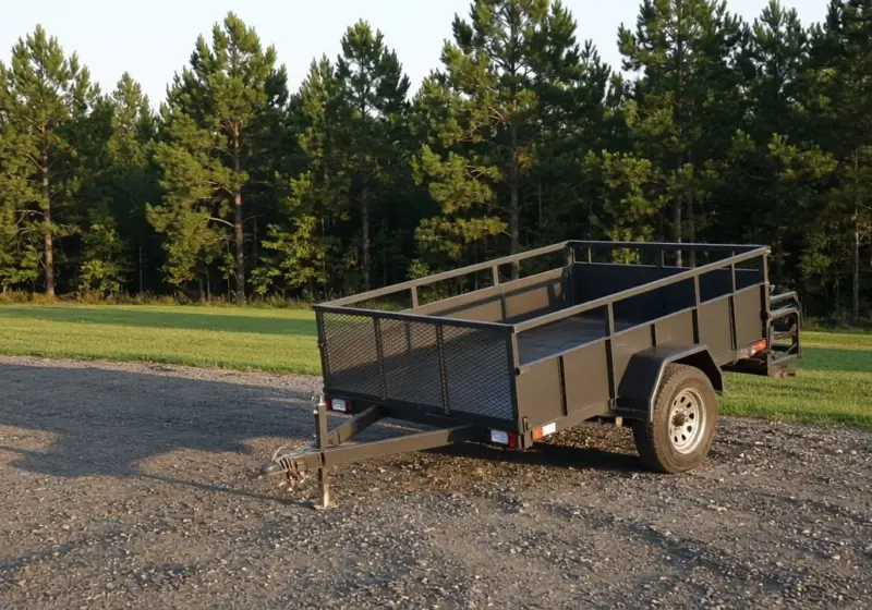 A utility trailer parked at the edge of a gravel lot